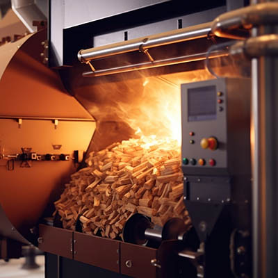 A detailed image of a biomass boiler, capturing the feeding mechanism that supplies waste biomass to the combustion chamber. The precise control of biomass flow ensures a continuous and
